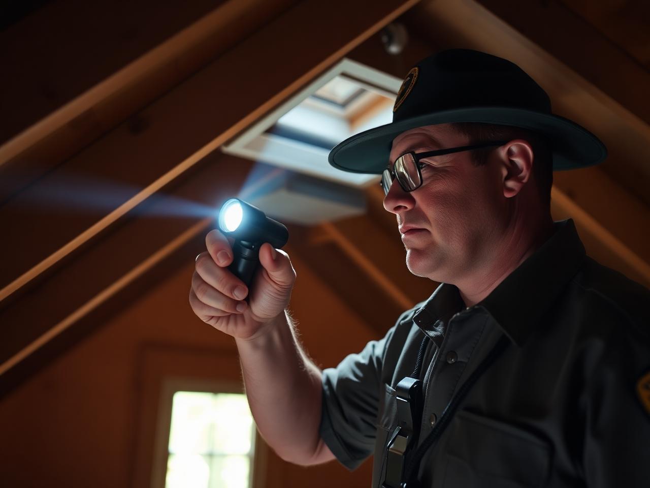 Wildlife inspector examining a Florida attic with a flashlight
